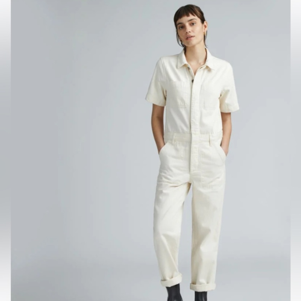 EVERLANE The Short Sleeve Soft Organic Cotton Denim Ecru Coveralls Size 12 NWT